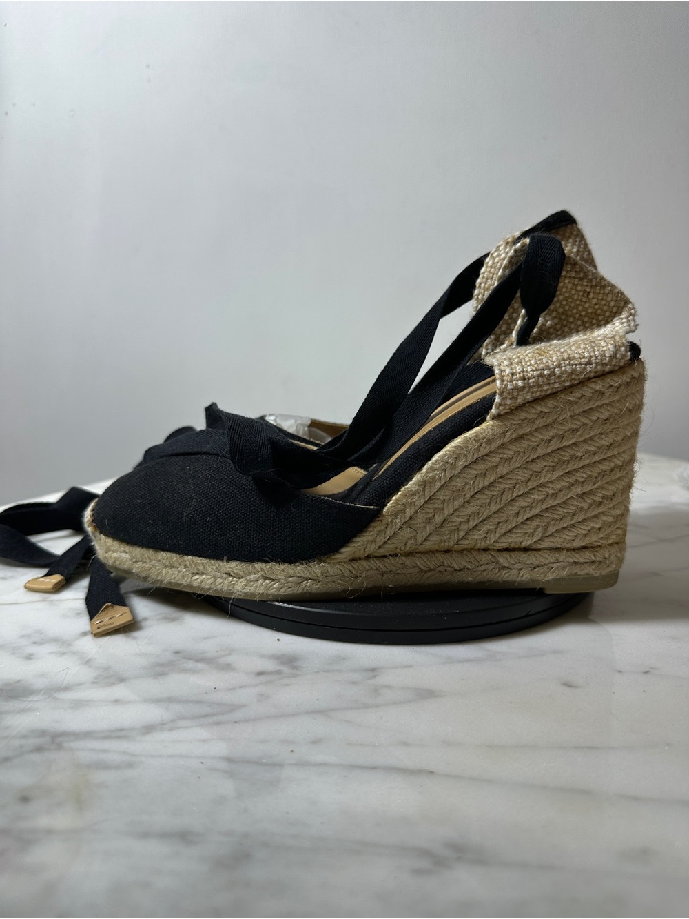 Castaner Black Canvas Espadrille Wedges with Jute Platform and Ankle Ties